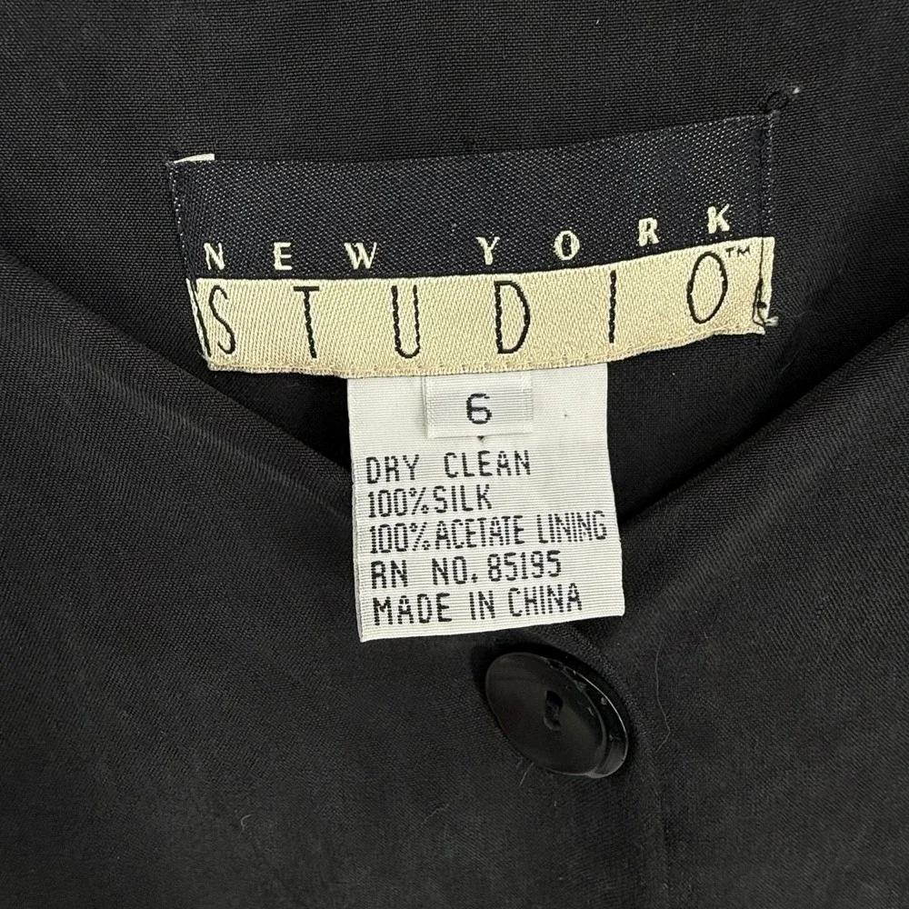 New York Studio Button Front Dress Womens 6 Black Good 100% Silk V-Neck Vintage - Picture 6 of 9
